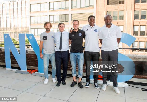 Andrea Pirlo, Jon Patricof, R. J. Allen, Jonathan Lewis and Patrick Vieira attend the NYCFC pop-up experience store VIP launch party on August 30,...