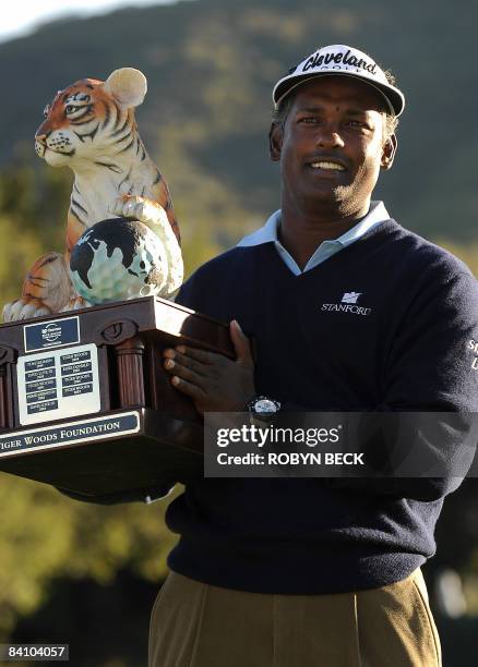 Vijay Singh of the Fiji Islands holds the trophy after winning the 2008 Chevron World Challenge, at the Sherwood Country Cub in Thousand Oaks,...