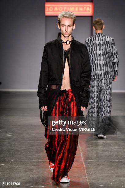 Model walks the runway during Joao Pimenta fashion show as part of Sao Paulo N44 Fashion Week Spring/Summer 2018 on August 28, 2017 in Sao Paulo,...