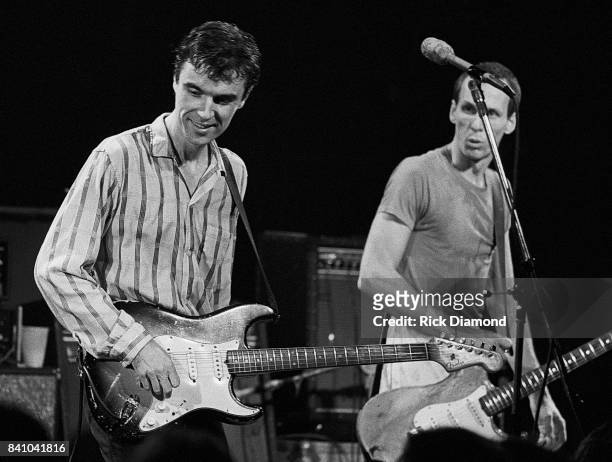 David Byrne and Adrian Belew of Talking Heads perform at Agora Ballroom in Atlanta Georgia. November 18, 1980
