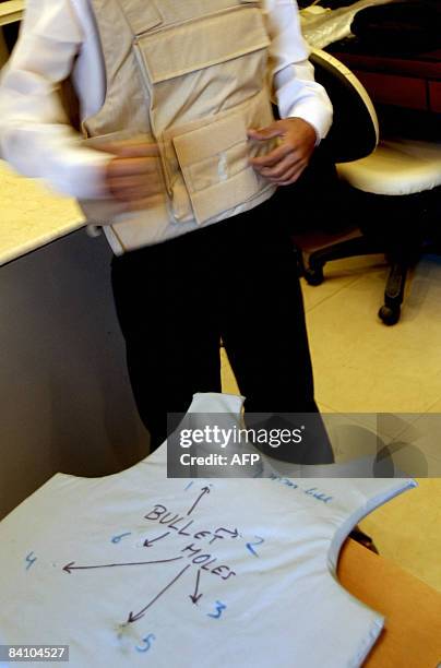 India-attacks-security,FOCUS by Phil Hazlewood A staff member of a security firm demonstrates a bullet proof vest in Mumbai on December 19, 2008. APK...