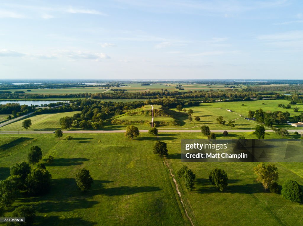 Aerial of Cahokia Mounds Pyramids in Illinois, USA