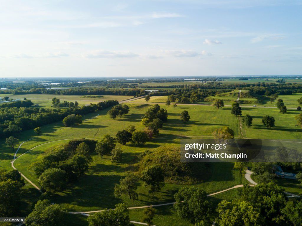 Aerial of Cahokia Mounds Pyramids in Illinois, USA