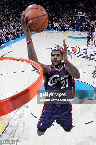 LeBron James of the Cleveland Cavaliers shoots an open layup during a game against the Oklahoma City Thunder on December 21, 2008 at the Ford Center...