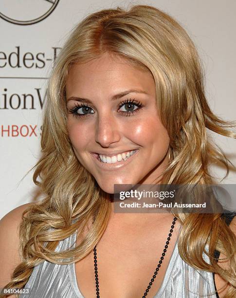 Actress Cassie Scerbo arrives at the Mercedes Benz Fashion Week Fall 2008 held at Smashbox Studios on March 11, 2008 in Culver City, California.