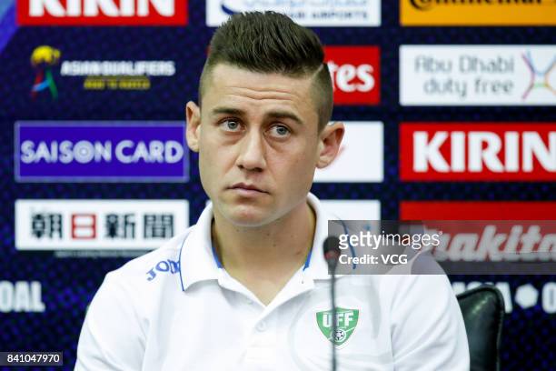 Server Djeparov of Uzbekistan attends a press conference ahead of the 2018 FIFA World Cup qualifier game between China and Uzbekistan on August 30,...