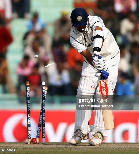 Rahul Dravid of India is bowled by Stuart Broad on day 4 of the Second Test Match between India and England at the PCA Stadium on December 22, 2008...