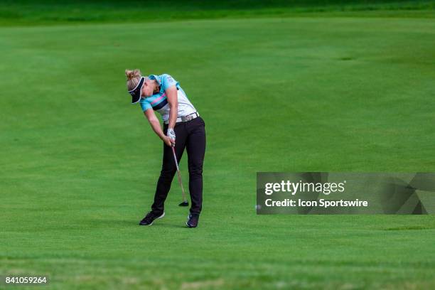 Brooke Henderson plays a shot on the fairway of the 9th hole during the final round of the Canadian Pacific Women's Open on August 27, 2017 at The...