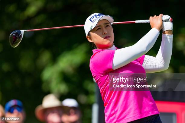 Amy Yang tees off on the 1st hole during the final round of the Canadian Pacific Women's Open on August 27, 2017 at The Ottawa Hunt and Golf Club, in...