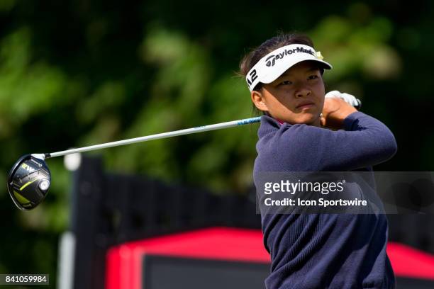 Megan Khang tees off on the 1st hole during the final round of the Canadian Pacific Women's Open on August 27, 2017 at The Ottawa Hunt and Golf Club,...