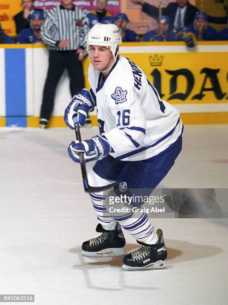 Darby Hendrickson of the Toronto Maple Leafs skates against the Buffalo Sabres during NHL preseason action on October 2, 1995 at Maple Leaf Gardens...