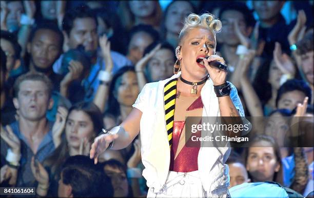 Pink performs during the 2017 MTV Video Music Awards at The Forum on August 27, 2017 in Inglewood, California.