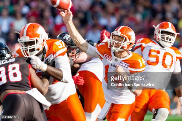 Lions quarterback Travis Lulay releases a pass during Canadian Football League action between BC Lions and Ottawa RedBlacks on August 26, 2017 at TD...