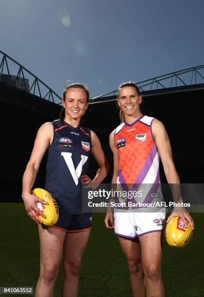 Allies' captain Chelsea Randall and Victoria's captain Daisy Pearce pose during the NAB AFL Women's State of Origin Captains and Coaches press...