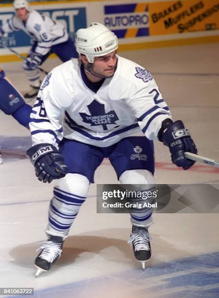Tie Domi of the Toronto Maple Leafs skates against the Buffalo Sabres during NHL preseason action on October 2, 1995 at Maple Leaf Gardens in...