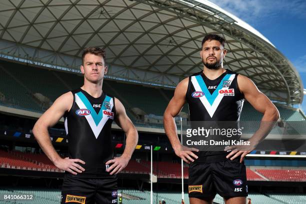 Robbie Gray of the Power and Patrick Ryder of the Power poses during a Port Power AFL training session at the Adelaide Oval on August 31, 2017 in...