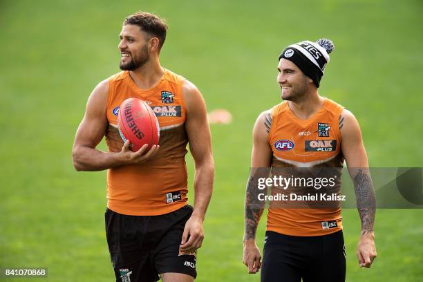 Patrick Ryder of the Power and Chad Wingard of the Power look on during a Port Power AFL training session at the Adelaide Oval on August 31, 2017 in...