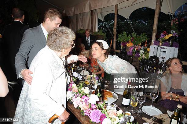 Leah Wood and Jack MacDonald attend their wedding reception dinner at HolmWood on June 21, 2008 in Kingston, London, England.