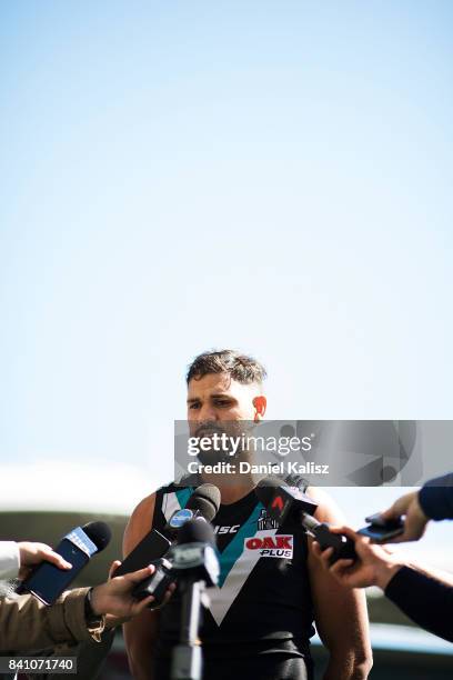 Patrick Ryder of the Power speaks to the media after a Port Power AFL training session at the Adelaide Oval on August 31, 2017 in Adelaide, Australia.