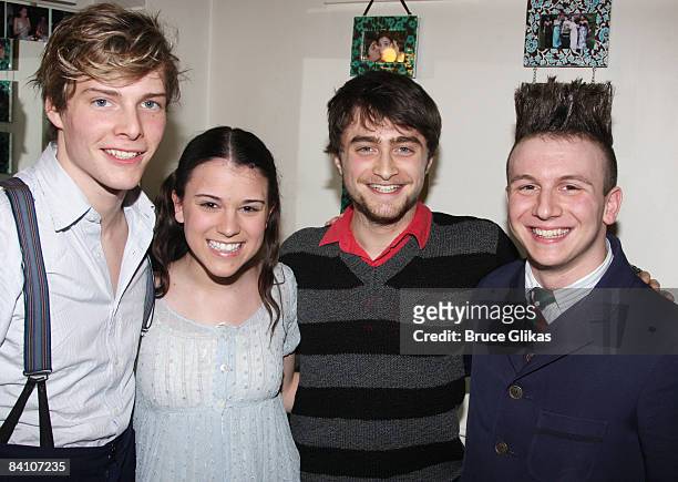 Hunter Parrish, Alexandra Socha, Daniel Radcliffe and Gerard Canonico pose backstage at "Spring Awakening" on Broadway at The Eugene O'Neill Theater...
