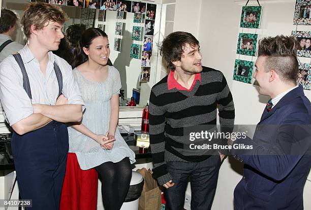 Hunter Parrish, Alexandra Socha, Daniel Radcliffe and Gerard Canonico backstage at "Spring Awakening" on Broadway at The Eugene O'Neill Theater on...