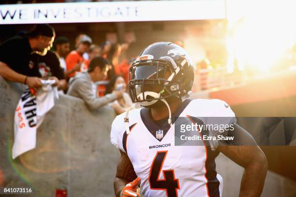 Stevan Ridley of the Denver Broncos runs on to the field for their game against the San Francisco 49ers at Levi's Stadium on August 19, 2017 in Santa...