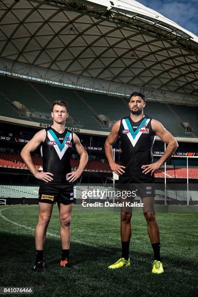 Robbie Gray and Patrick Ryder of the Power pose during a Port Power AFL training session at the Adelaide Oval on August 31, 2017 in Adelaide,...