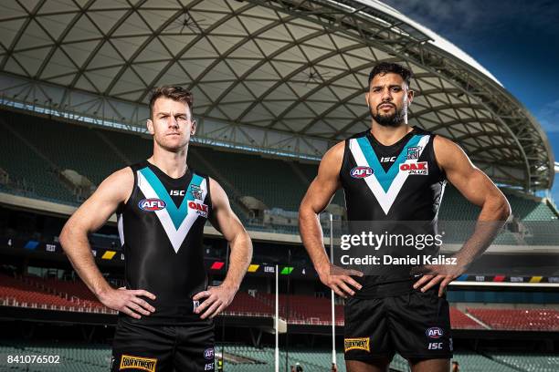 Robbie Gray and Patrick Ryder of the Power pose during a Port Power AFL training session at the Adelaide Oval on August 31, 2017 in Adelaide,...