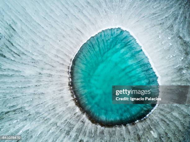 aerial image, mutnovsky volcano lake, kamchatka - formazione rocciosa foto e immagini stock