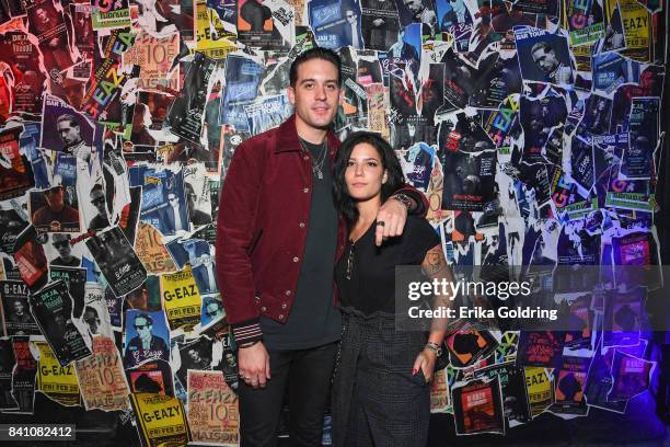 Eazy and Halsey attend G-Eazy's debut limited capsule collection 'Gerry's' in partnership with Bud Light at The Santos Bar on August 29, 2017 in New...