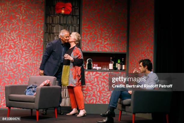 Alain Doutey, Marie-Christine Barrault and Arthur Fenwick perform in "Confidences" : Press Theater Play at Theatre Rive Gauche on August 28, 2017 in...