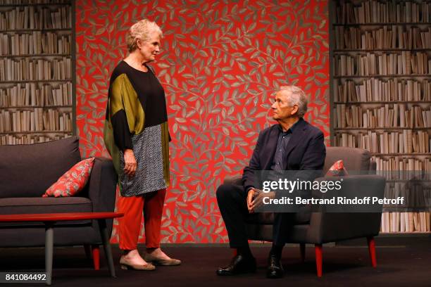 Marie-Christine Barrault and Alain Doutey perform in "Confidences" : Press Theater Play at Theatre Rive Gauche on August 28, 2017 in Paris, France.