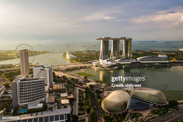 singapur: lancha cruzando marina bay. jardín y supertrees fviewed arboleda del parque de la marina oriental con flores en primer plano en la nube - merlion park fotografías e imágenes de stock