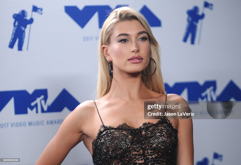 2017 Musically Hailey Baldwin poses in the press room at the 2017 MTV Video Music ...