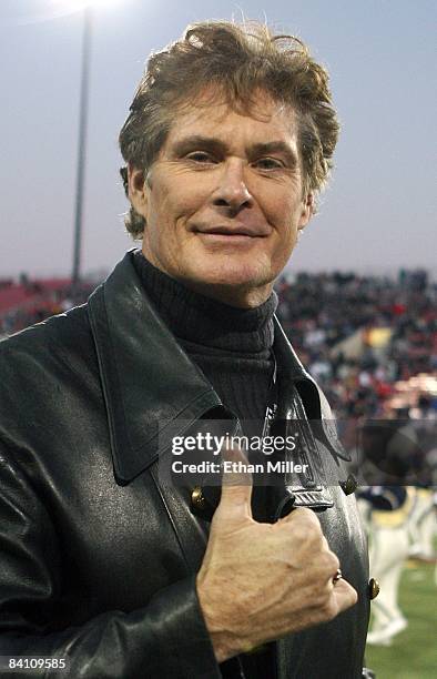 Actor David Hasselhoff appears before singing the American national anthem at the Pioneer Las Vegas Bowl featuring Arizona and Brigham Young...