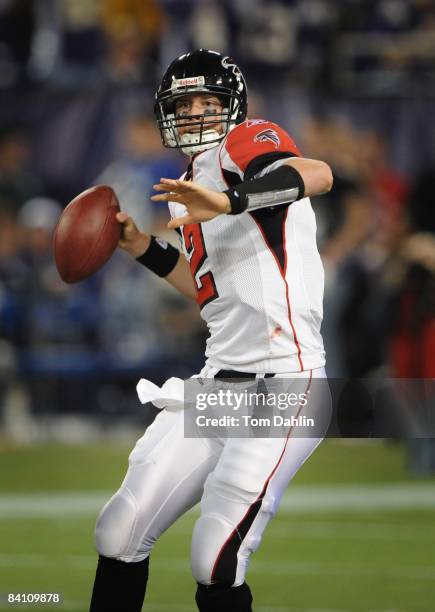 Quarterback Matt Ryan of the Atlanta Falcons drops back to pass the ball during an NFL game against the Minnesota Vikings at the Hubert H. Humphrey...