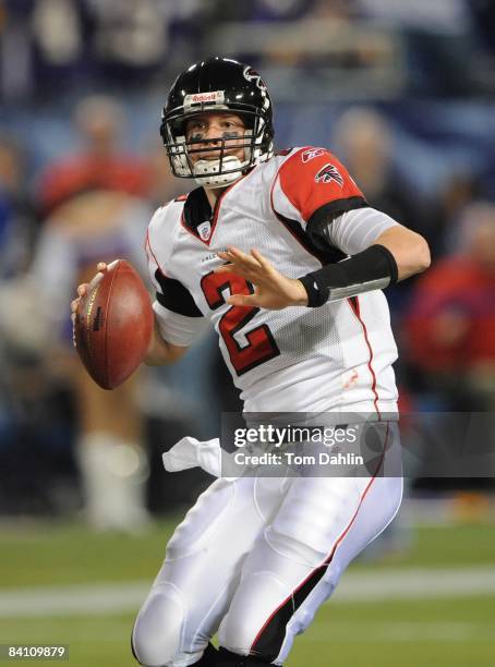 Quarterback Matt Ryan of the Atlanta Falcons drops back to pass the ball during an NFL game against the Minnesota Vikings at the Hubert H. Humphrey...