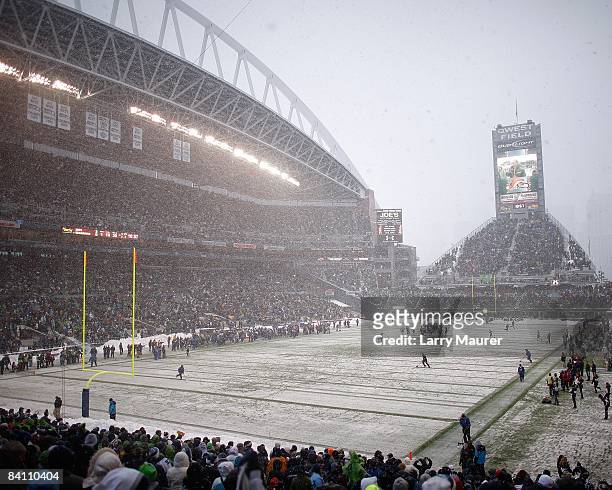 Qwest field in the snow during the game between the Seattle Seahawks and the New York Jets at Qwest Field in Seattle, Washington.