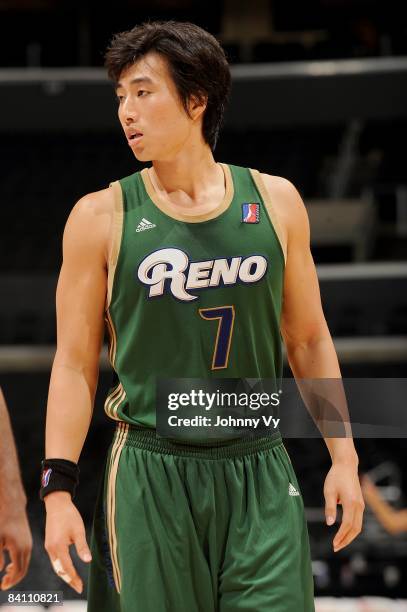 Sung-Yoon Bang of the Reno Bighorns rests on the court during the D-League game against the Los Angeles D-Fenders at the Staples Center on November...