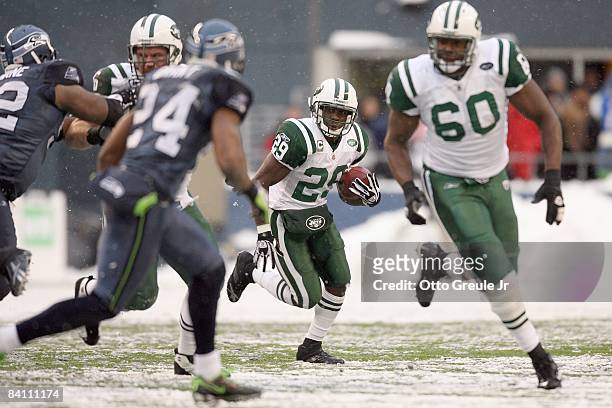 Leon Washington of the New York Jets carries the ball during the game against the Seattle Seahawks on December 21, 2008 at Qwest Field in Seattle,...