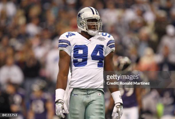 DeMarcus Ware of the Dallas Cowboys looks on during their NFL game against the Baltimore Ravens at Texas Stadium on December 20, 2008 in Irving,...