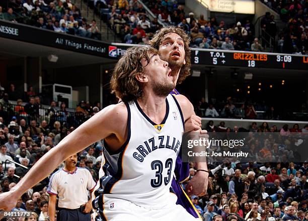 Marc Gasol of the Memphis Grizzlies gaurds Pau Gasol of the Los Angeles Lakers on December 22, 2008 at FedExForum in Memphis, Tennessee. NOTE TO...