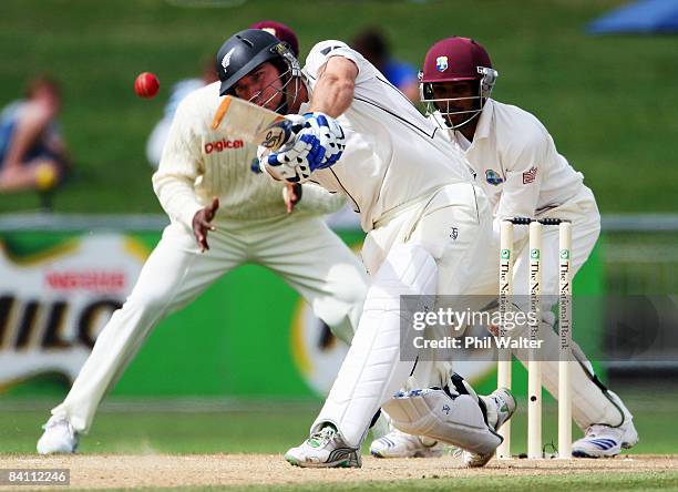 Jamie How of New Zealand hits four runs during day five of the Second Test match between New Zealand and the West Indies at McLean Park on December...