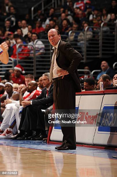 Head Coach Mike Dunleavy of the Los Angeles Clippers looks on during a game against the Toronto Raptors at Staples Center on December 22, 2008 in Los...
