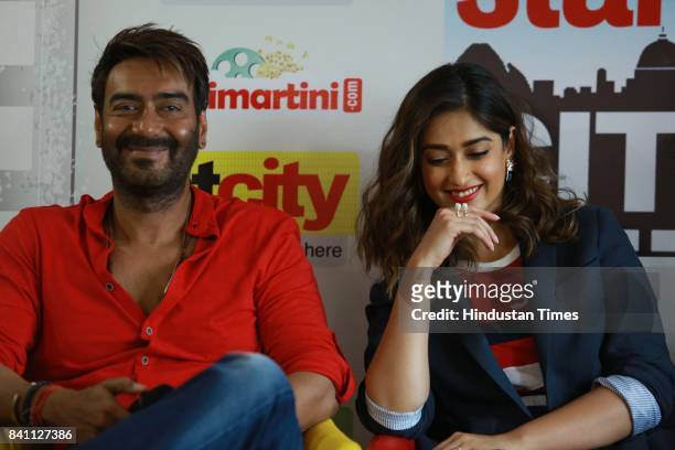 Bollywood actors Ajay Devgn and Ileana D'Cruz during an exclusive interview with HT City-Hindustan Times for the promotion of upcoming movie...