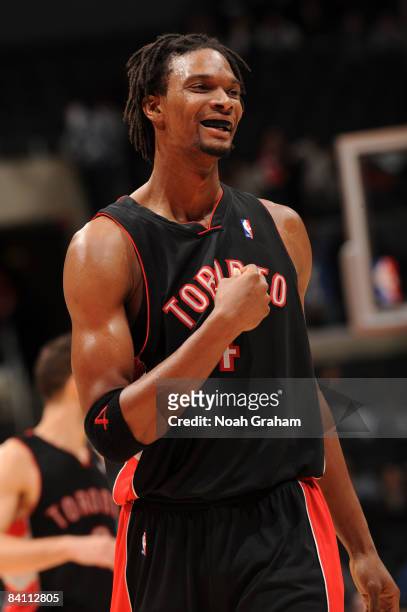 Chris Bosh of the Toronto Raptors looks on during a game against the Los Angeles Clippers at Staples Center on December 22, 2008 in Los Angeles,...