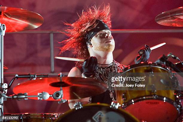 Drummer Cody Hanson of the rock band Hinder performs in the Jagermeister tour at the Toyota Blue Ribbon Pavilion on December 22, 2008 in Indianapolis.
