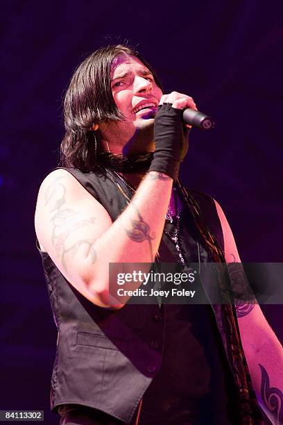 Lead vocalist Austin Winkler of the rock band Hinder performs in the Jagermeister tour at the Toyota Blue Ribbon Pavilion on December 22, 2008 in...