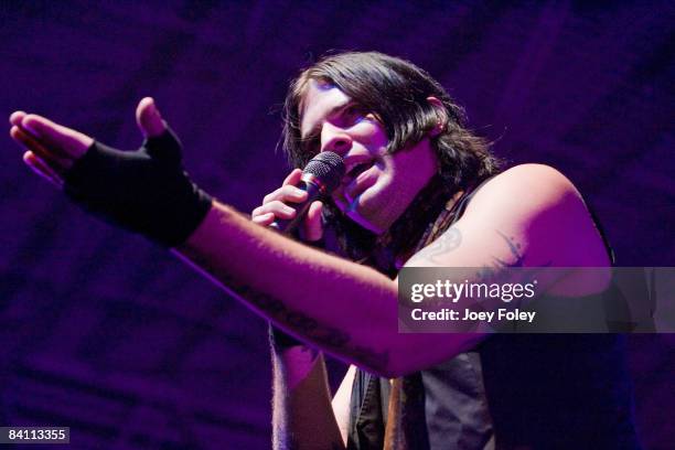 Lead vocalist Austin Winkler of the rock band Hinder performs in the Jagermeister tour at the Toyota Blue Ribbon Pavilion on December 22, 2008 in...