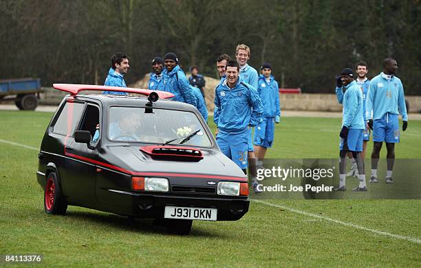 Pompey midfielder Sean Davis gives his team-mates a Christmas surprise at training on December 23, 2008 in Eastleigh, United Kingdom. Davis drove...